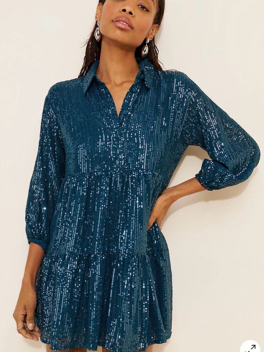 NWT Anthropologie Maeve Bettina Sequin Tiered Mini Shirt Dress Emerald Green 1X